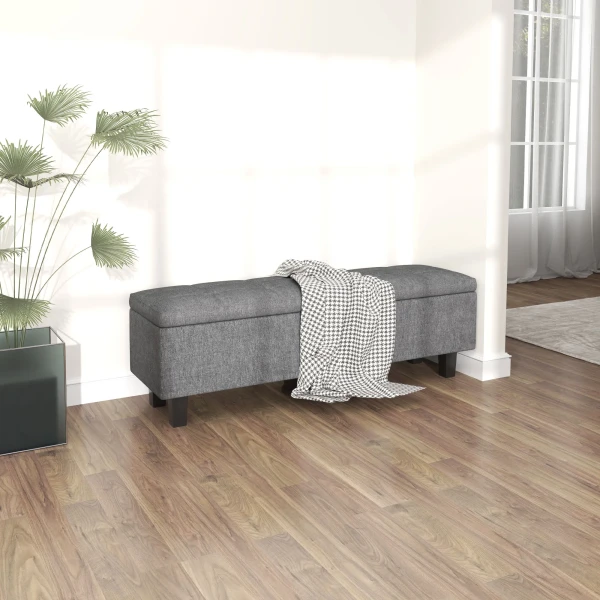 Zitbank Met Opbergruimte, Gestoffeerde Bank Met Linnenlook, Houten Poten, Moderne Bedbank Voor Hal, Slaapkamer, Woonkamer, 138 X 40 X 45 Cm, Donkergrijs 9