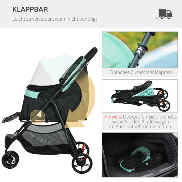 2 In 1 Hondenwagen Hondenbuggy Met Regenbescherming Inklapbaar Voor Honden & Katten Tot 10 Kg Kattenbuggy Met Kussen Netvensters Deuren Opbergmand Kattenwagen Buggy Groen 6