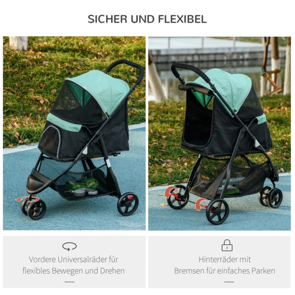 2 In 1 Hondenwagen Hondenbuggy Met Regenbescherming Inklapbaar Voor Honden & Katten Tot 10 Kg Kattenbuggy Met Kussen Netvensters Deuren Opbergmand Kattenwagen Buggy Groen 7