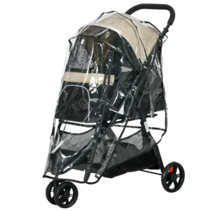 2 In 1 Hondenwagen Hondenbuggy Met Regenbescherming Inklapbaar Voor Honden & Katten Tot 10 Kg Kattenbuggy Met Kussen Netvensters Deuren Opbergmand Kattenwagen Buggy Khaki 1