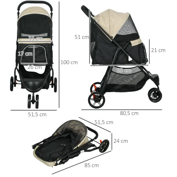 2 In 1 Hondenwagen Hondenbuggy Met Regenbescherming Inklapbaar Voor Honden & Katten Tot 10 Kg Kattenbuggy Met Kussen Netvensters Deuren Opbergmand Kattenwagen Buggy Khaki 4