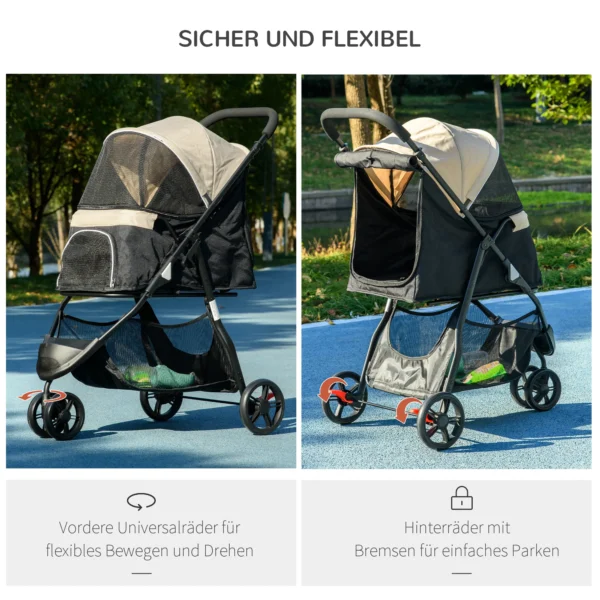 2 In 1 Hondenwagen Hondenbuggy Met Regenbescherming Inklapbaar Voor Honden & Katten Tot 10 Kg Kattenbuggy Met Kussen Netvensters Deuren Opbergmand Kattenwagen Buggy Khaki 7