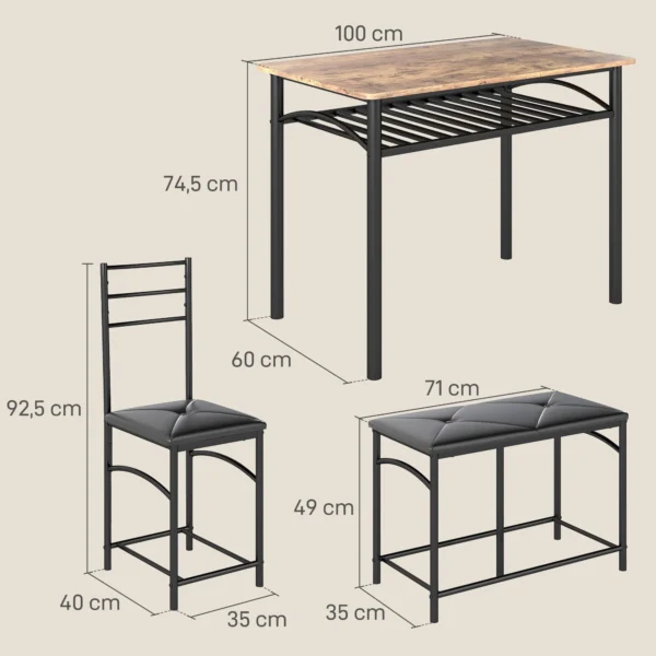 4 Delige Eetgroep, Eettafel Met 2 Stoelen, Bank, Ruimtebesparende Eetkamergroep, Eettafelset Voor Kleine Ruimtes, Keuken, Eetkamer, Bruin 4