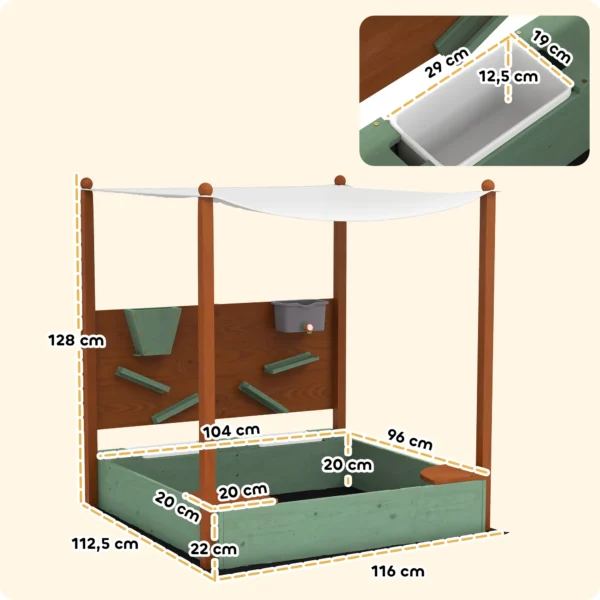 Aiyaplay zandbak met dak, 116 x 112,5 cm houten zandbak sandbox met zitplaats, 2 containers, zand en waterspeelgoed, emmer met kraan voor kinderen van 3 6 jaar groen 4
