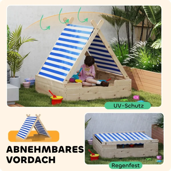 Aiyaplay Zandbak Met Tentdak, 120 X 120 Cm Houten Zandbak Sandbox Met Grondzeil, Afneembaar Dak Voor Kinderen Van 3 6 Jaar Natuur 5