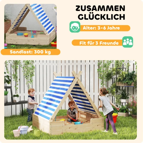 Aiyaplay Zandbak Met Tentdak, 120 X 120 Cm Houten Zandbak Sandbox Met Grondzeil, Afneembaar Dak Voor Kinderen Van 3 6 Jaar Natuur 6