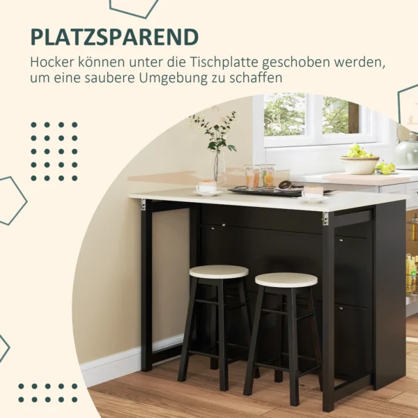 Bartafel Met Barkruk Set, 3 Delige Bartafel Set, Eettafel Met Klapbare Tafelblad, Keukentafel Met Kast, Eetgroep Voor Eetkamer, Woonkamer, Zwart 7