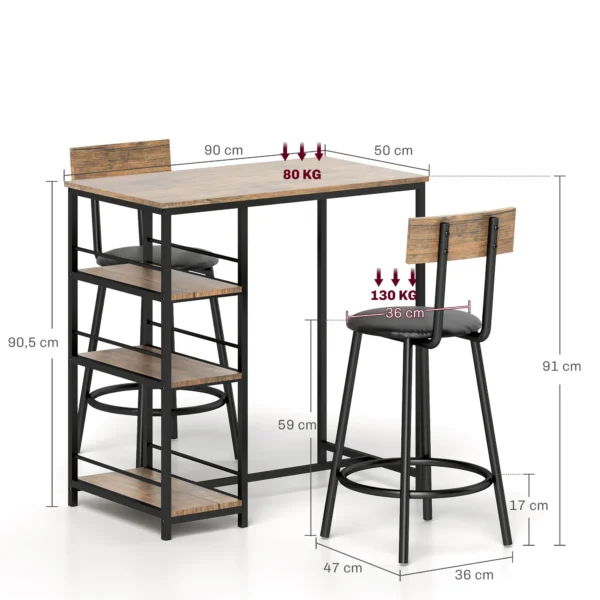 Bartafel Met Barkrukken Set, 3 Dlg. Bartafel Set Met Keukentafel, 3 Planken, 2 Barkrukken, In Moderne Stijl, Eetgroep Voor Eetkamer, Keuken, Staal, Eik 4