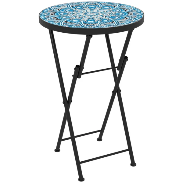 Bijzettafel Inklapbaar Tuintafel Met Mozaïekontwerp, Ø35,5 X 55 Cm Rond Weerbestendig Balkontafel Van Metaal, Campingtafel Inklapbare Tafel Koffietafel Voor Woonkamer Kantoor Buiten Binnen, Blauw 1