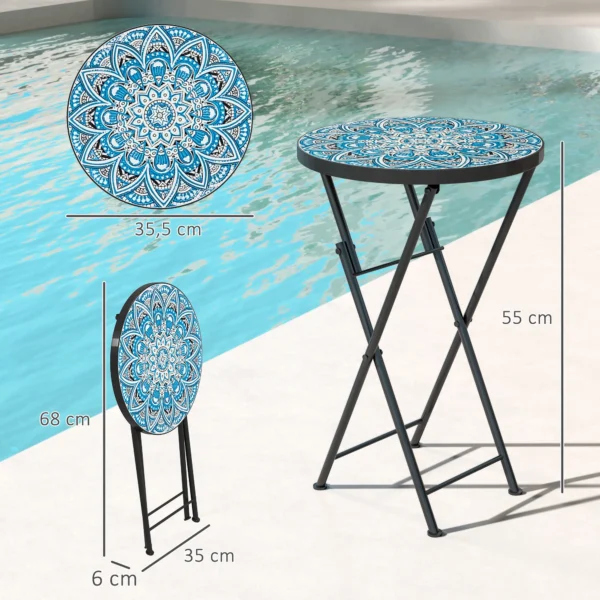 Bijzettafel Inklapbaar Tuintafel Met Mozaïekontwerp, Ø35,5 X 55 Cm Rond Weerbestendig Balkontafel Van Metaal, Campingtafel Inklapbare Tafel Koffietafel Voor Woonkamer Kantoor Buiten Binnen, Blauw 4