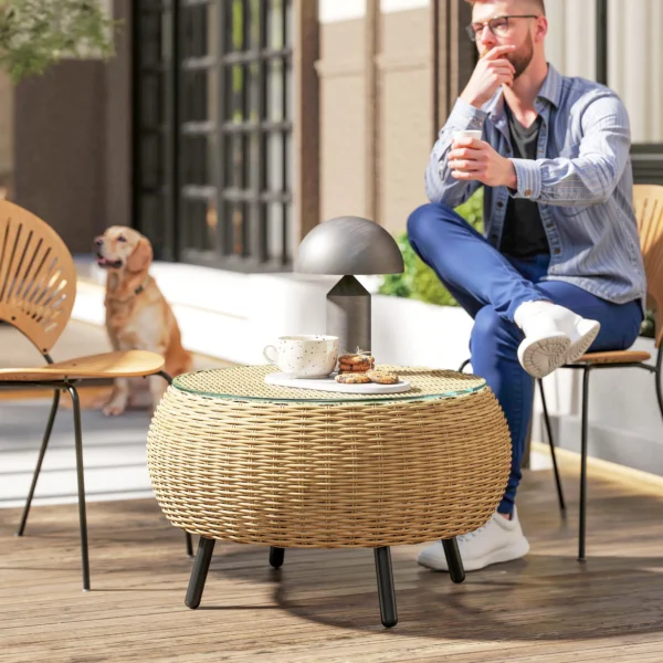 Bijzettafel Van Polyrattan Ronde Koffietafel Salontafel Met Glazen Tafelblad Balkontafel Tuintafel Banktafel Theetafel Rattantafel Voor Tuin Terras Balkon, Ø75 X 42 Cm Bruin 2