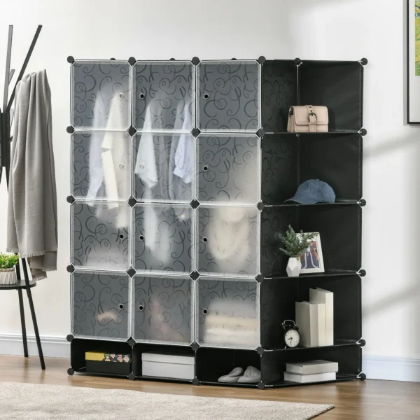 Diy kledingkast rekensysteem met 16 vakken en 2 stangen diy kubusrek, opbergrek voor kleding, schoenen, zwart 145 x 46 x 162 cm 2