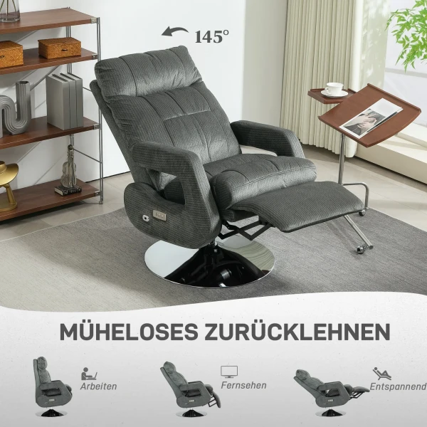 Elektrische Relaxfauteuil Tv Fauteuil Met Ligfunctie Draaibare Ligstoel Met Usb Oplaadpoort, Verstelbare Rugleuning En Voetsteun, Voor Woonkamer, Donkergrijs 5