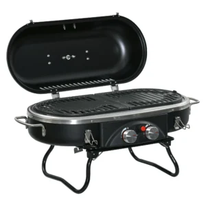 Gasgrill 2,34 Kw Opvouwbare Bbq Tuin Grill Inclusief 2 Roestvrijstalen Branders Drukreductor Gasslang Deksel Thermometer, 2 Verwarmingszones, Camping Grill Voor Balkon, 66 X 34,5 X 37 Cm 1