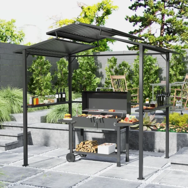Grillpaviljoen 250 x 160 x 250 cm waterdicht tuinpaviljoen met dubbellaags dak, zijplanken, tuinbogen met uv bescherming, bbq paviljoen, tuintent grilltent voor tuinfeest bbq, zwart 2