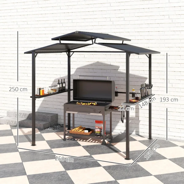 Grillpaviljoen 250 x 160 x 250 cm waterdicht tuinpaviljoen met dubbellaags dak, zijplanken, tuinbogen met uv bescherming, bbq paviljoen, tuintent grilltent voor tuinfeest bbq, zwart 4
