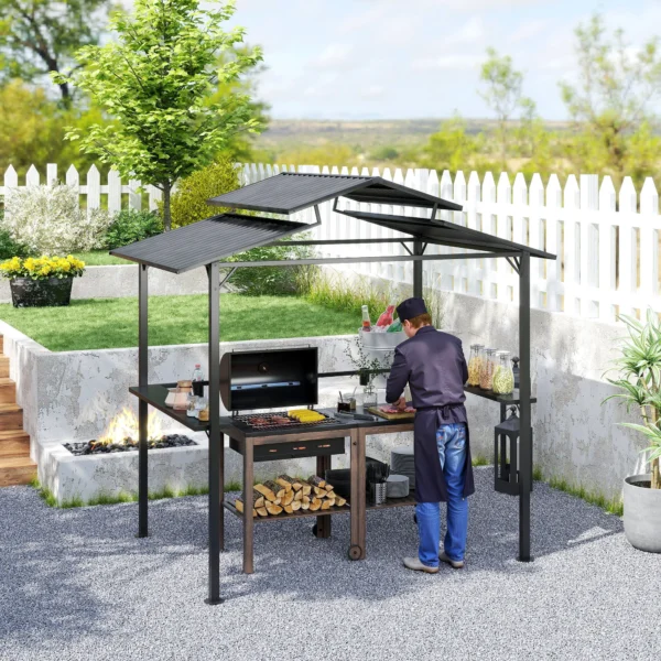 Grillpaviljoen 250 x 160 x 250 cm waterdicht tuinpaviljoen met dubbellaags dak, zijplanken, tuinbogen met uv bescherming, bbq paviljoen, tuintent grilltent voor tuinfeest bbq, zwart 8