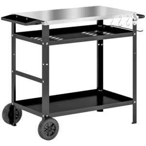 Grillwagen 3 Lagen Serveerwagen Met Werkblad Handvatten Hoes Wielen, In Hoogte Verstelbare Bbq Grilltafel Roestvrij Staal, Grill Bijzettafel, Outdoor Rolwagen Voor Tuin Grill 100x52x80cm Zwart 1