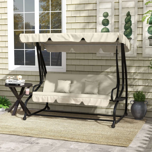 Hollywoodschommel met ligfunctie, 3 zits tuinschommel met verstelbaar dak, bijzettafel, waterafstotende schommelbank belastbaar tot 340kg, voor tuin, 200x120x164cm, crèmewit 2