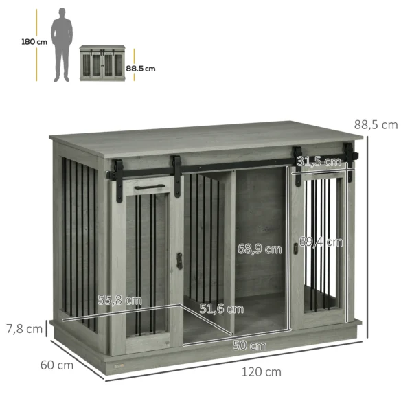 Hondenkooi, Huisdierkooi, Hondenhok Met Twee Kamer Optie Voor Middelgrote Honden, Hondenbox Met Dubbele Deuren, Hondenhuis, Grijs, 120 X 60 X 88,5 Cm 4