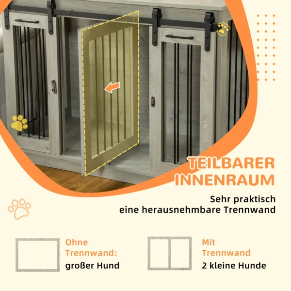 Hondenkooi, Huisdierkooi, Hondenhok Met Twee Kamer Optie Voor Middelgrote Honden, Hondenbox Met Dubbele Deuren, Hondenhuis, Grijs, 120 X 60 X 88,5 Cm 6