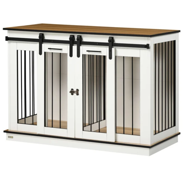 Hondenkooi, Huisdierkooi, Hondenhok Met Twee Kamer Optie Voor Middelgrote Honden, Hondenbox Met Dubbele Deuren, Hondenhuis, Wit, 120 X 60 X 88,5 Cm 1