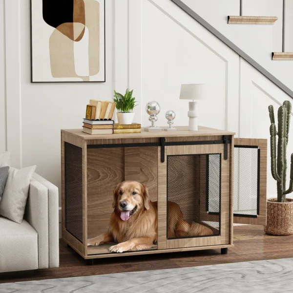 Hondenkooi Meubilair, Hondenbox Met 2 Afsluitbare Deuren, Bijzettafel Voor Thuis, Hondenhuis Voor Grote Honden Onder 30 Kg, Staal, 98 X 60 X 78 Cm, Notenhout 2