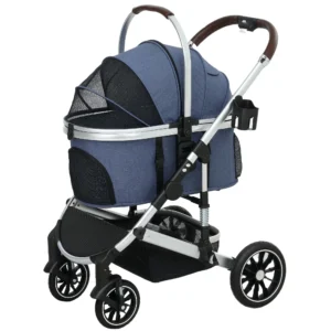 Hondenwagen 3 In 1 Opvouwbare Hondenbuggy Voor Honden & Katten Tot 10 Kg Kattenbuggy Met Kussen Bekerhouder Netvensters Deuren Opbergmand Kattenwagen Buggy Donkerblauw 1