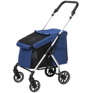 Hondenwagen Lichtgewicht Hondenbuggy Van Aluminium Inklapbaar Voor Honden & Katten Tot 10 Kg Kattenbuggy Met Kussen Netvensters Deuren Opbergmand Kattenwagen Buggy Donkerblauw 1