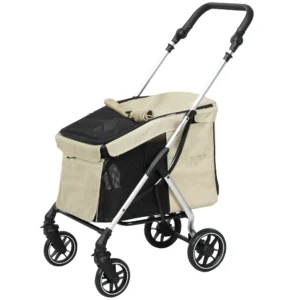 Hondenwagen Lichtgewicht Hondenbuggy Van Aluminium Inklapbaar Voor Honden & Katten Tot 10 Kg Kattenbuggy Met Kussen Netvensters Deuren Opbergmand Kattenwagen Buggy Khaki 1