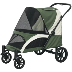 Hondenwagen Opvouwbare Hondenbuggy Voor Grote Honden & Katten Tot 30 Kg Kattenbuggy Met Kussen, Netvensters, Deuren, Opbergtas, Kattenwagen Met Veiligheidslijnen, Remmen, Buggy Donkergroen 1