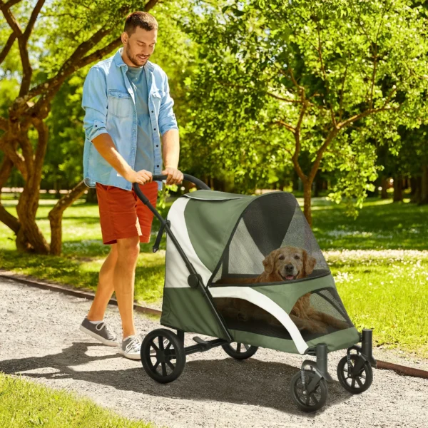 Hondenwagen Opvouwbare Hondenbuggy Voor Grote Honden & Katten Tot 30 Kg Kattenbuggy Met Kussen, Netvensters, Deuren, Opbergtas, Kattenwagen Met Veiligheidslijnen, Remmen, Buggy Donkergroen 2