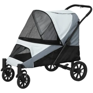 Hondenwagen Opvouwbare Hondenbuggy Voor Grote Honden & Katten Tot 30 Kg Kattenbuggy Met Kussen, Netvensters, Deuren, Opbergtas, Kattenwagen Met Veiligheidslijnen, Remmen, Buggy Grijs 1