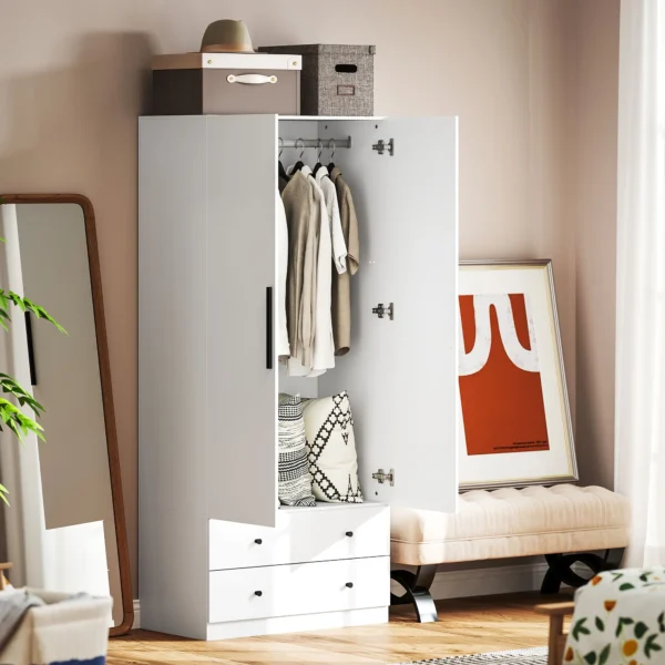 Kledingkast multifunctionele kast 2 deurs met kledingstang en 2 lades garderobekast voor slaapkamer 79 x 43 x 180 cm wit 2