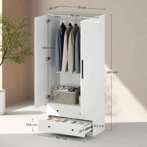 Kledingkast multifunctionele kast 2 deurs met kledingstang en 2 lades garderobekast voor slaapkamer 79 x 43 x 180 cm wit 4