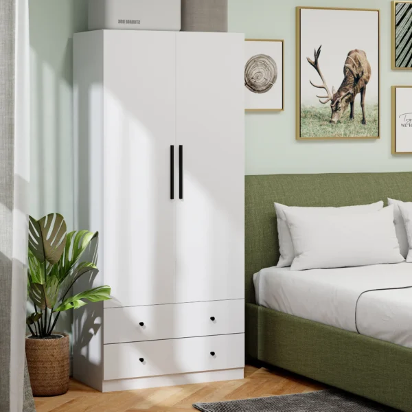 Kledingkast multifunctionele kast 2 deurs met kledingstang en 2 lades garderobekast voor slaapkamer 79 x 43 x 180 cm wit 8
