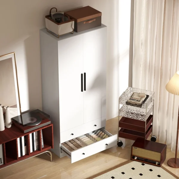 Kledingkast multifunctionele kast 2 deurs met kledingstang en 2 lades garderobekast voor slaapkamer 79 x 43 x 180 cm wit 9