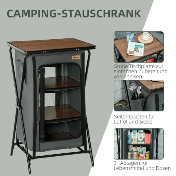 Opvouwbare Campingkast Keukenbox Met Ritsdeur, Draagbare Campingkeuken Met Werkblad, 3 Planken, Draagtas Oxford Donkergrijs 60 X 50 X 99 Cm 5