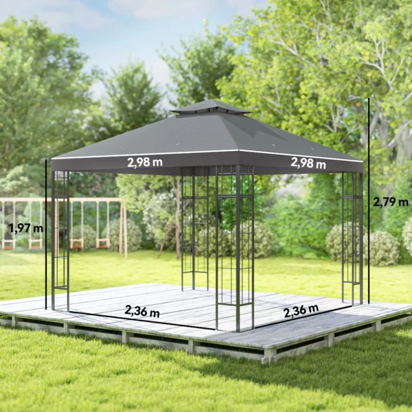 Paviljoen met dubbeldak, ca. 3x3 m waterafstotend stabiel winterbestendig tuinpaviljoen met uv bescherming partytent van metaal, voor tuin, terras, donkergrijs 4