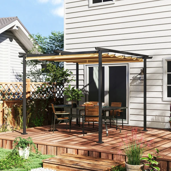 Pergola 3x3m Tuin Paviljoen Terrasoverkapping Van Metaal, Tuinpaviljoen Met Verstelbaar Dak, Uv Bescherming 30+ Vrijstaande Zonwering Voor Terras En Tuin, Beige 2