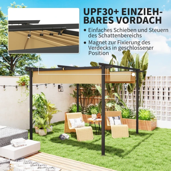 Pergola 3x3m Tuin Paviljoen Terrasoverkapping Van Metaal, Tuinpaviljoen Met Verstelbaar Dak, Uv Bescherming 30+ Vrijstaande Zonwering Voor Terras En Tuin, Beige 5