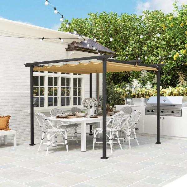 Pergola 3x3m Tuin Paviljoen Terrasoverkapping Van Metaal, Tuinpaviljoen Met Verstelbaar Dak, Uv Bescherming 30+ Vrijstaande Zonwering Voor Terras En Tuin, Beige 8