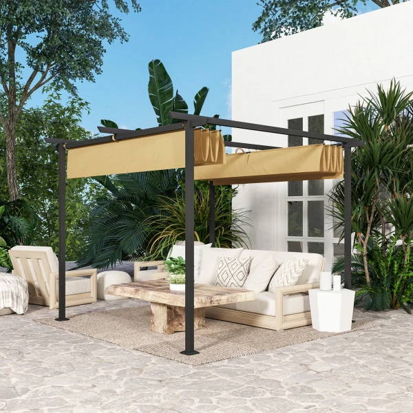 Pergola 3x3m Tuin Paviljoen Terrasoverkapping Van Metaal, Tuinpaviljoen Met Verstelbaar Dak, Uv Bescherming 30+ Vrijstaande Zonwering Voor Terras En Tuin, Beige 9