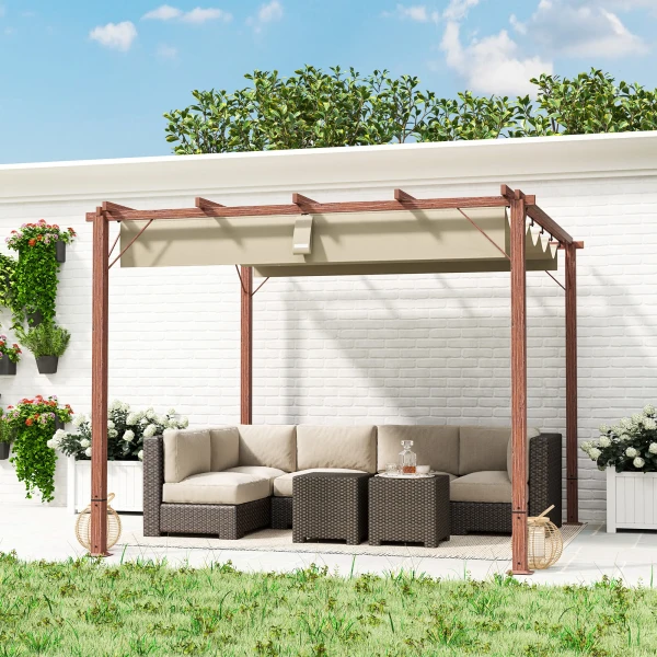 Pergola Ca. 3x3m Tuinpaviljoen Met Magnetisch Pad, Terrasoverkapping Van Aluminium, Tuinpaviljoen Met Verstelbaar Dak, Vrijstaand, Uv Bescherming 30+, Voor Terras En Tuin, Natuurhout 10
