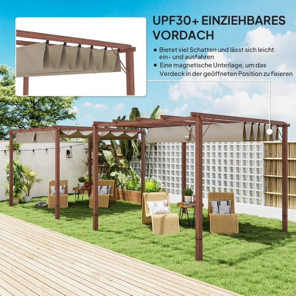 Pergola Ca. 3x3m Tuinpaviljoen Met Magnetisch Pad, Terrasoverkapping Van Aluminium, Tuinpaviljoen Met Verstelbaar Dak, Vrijstaand, Uv Bescherming 30+, Voor Terras En Tuin, Natuurhout 5