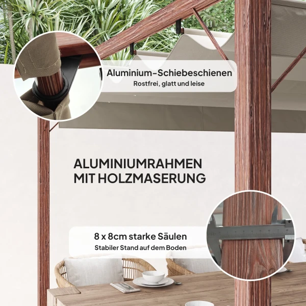 Pergola Ca. 3x3m Tuinpaviljoen Met Magnetisch Pad, Terrasoverkapping Van Aluminium, Tuinpaviljoen Met Verstelbaar Dak, Vrijstaand, Uv Bescherming 30+, Voor Terras En Tuin, Natuurhout 6