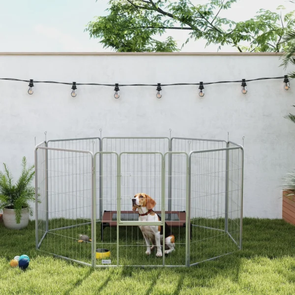 Puppyren 100 Cm Hoog, 8 Delig Hondenren Puppyren Met Riem En Deur, Vrijloopren Voor Kleine Tot Middelgrote Honden, Cavia's, Konijnen, Staal, Zilver 10