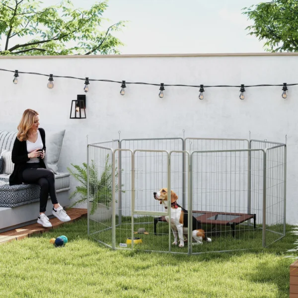 Puppyren 100 Cm Hoog, 8 Delig Hondenren Puppyren Met Riem En Deur, Vrijloopren Voor Kleine Tot Middelgrote Honden, Cavia's, Konijnen, Staal, Zilver 2