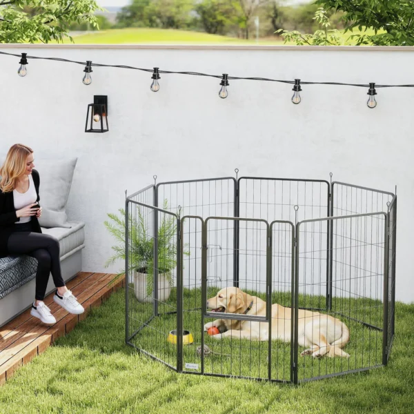 Puppyren 8 Hoekig Puppyuitloop Met 8 Roosterplaten Deur Grondpennen Flexibel Opvouwbaar Beschermzeil Vrijloopren 100cm Hoog Hondenren Voor Hond Kat Puppyhek Voor Binnen Buiten 2