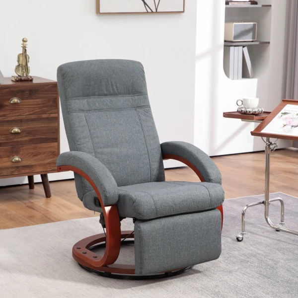 Relaxstoel Tv Stoel Met Ligfunctie, Houten Armleuning, Draaibare Relaxstoel Tv Stoel Met Verstelbare Rugleuning, Ligstoel, Stof, Grijs 2
